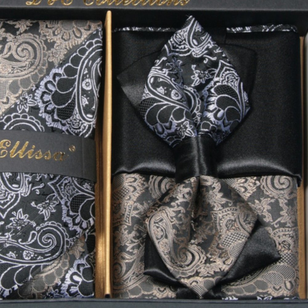 6 Piece Silver Gold Black Necktie & Bow Tie Set - Picture 4 of 6